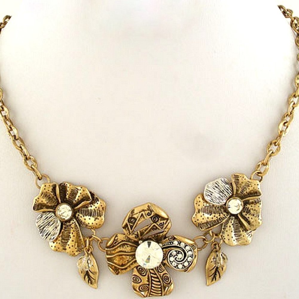 Antique Gold Clear Crystal Floral Flower Necklace